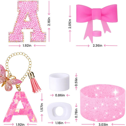6PCS Pink Stanley Cup Accessories Set, Initials Decorations for Stanley Cup 30oz 40oz, Includes Bow Straw Topper, Handle Charm, Letter Sticker, Silicone Boot, Spill Proof Stopper (Letter S)