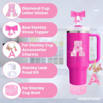 6PCS Pink Stanley Cup Accessories Set, Initials Decorations for Stanley Cup 30oz 40oz, Includes Bow Straw Topper, Handle Charm, Letter Sticker, Silicone Boot, Spill Proof Stopper (Letter S)
