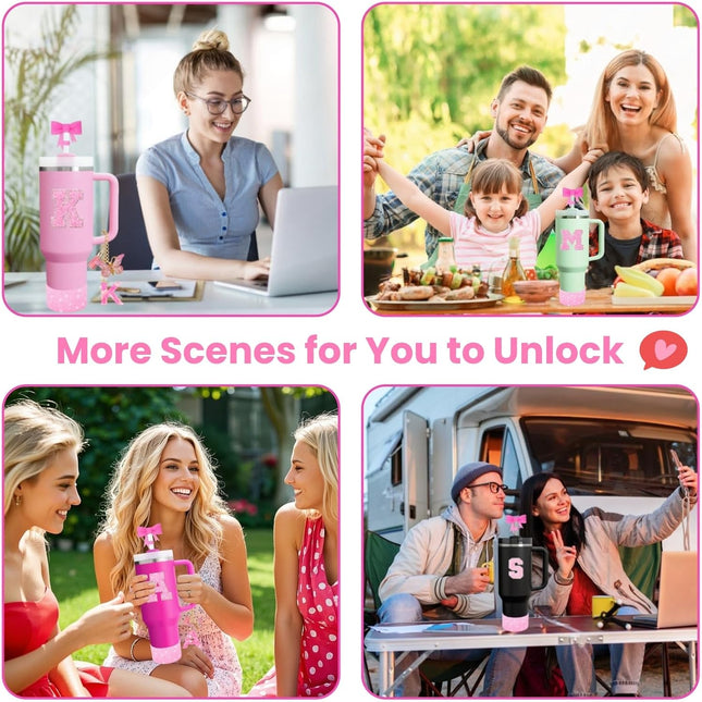 6PCS Pink Stanley Cup Accessories Set, Initials Decorations for Stanley Cup 30oz 40oz, Includes Bow Straw Topper, Handle Charm, Letter Sticker, Silicone Boot, Spill Proof Stopper (Letter S)